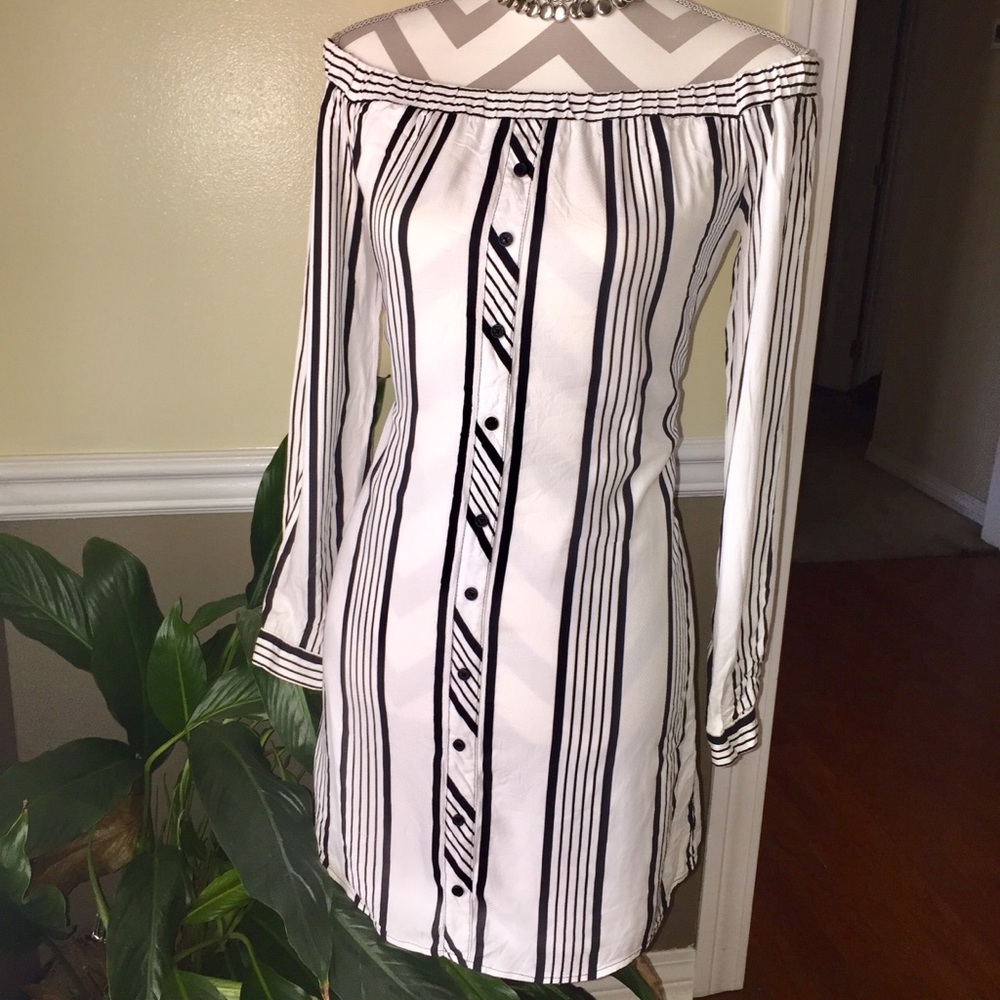 Off the shoulder black and white striped dress